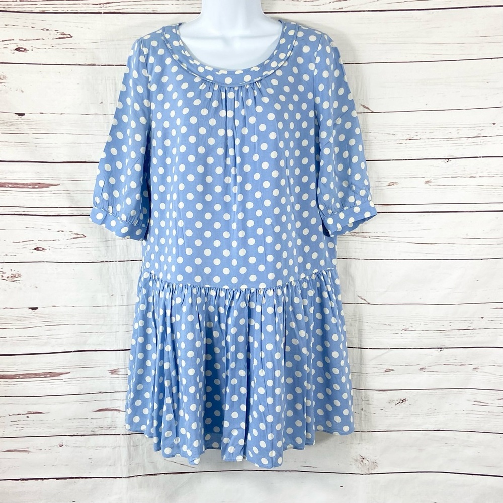 Boden Dress Women’s 12 Blue Polka Dots Shift Short Sleeves Round Neck Lined